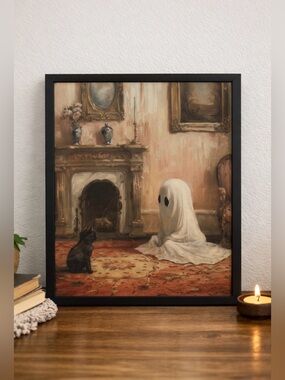 Ghost and cat framed 8x10” print of vintage oil painting in black and grey